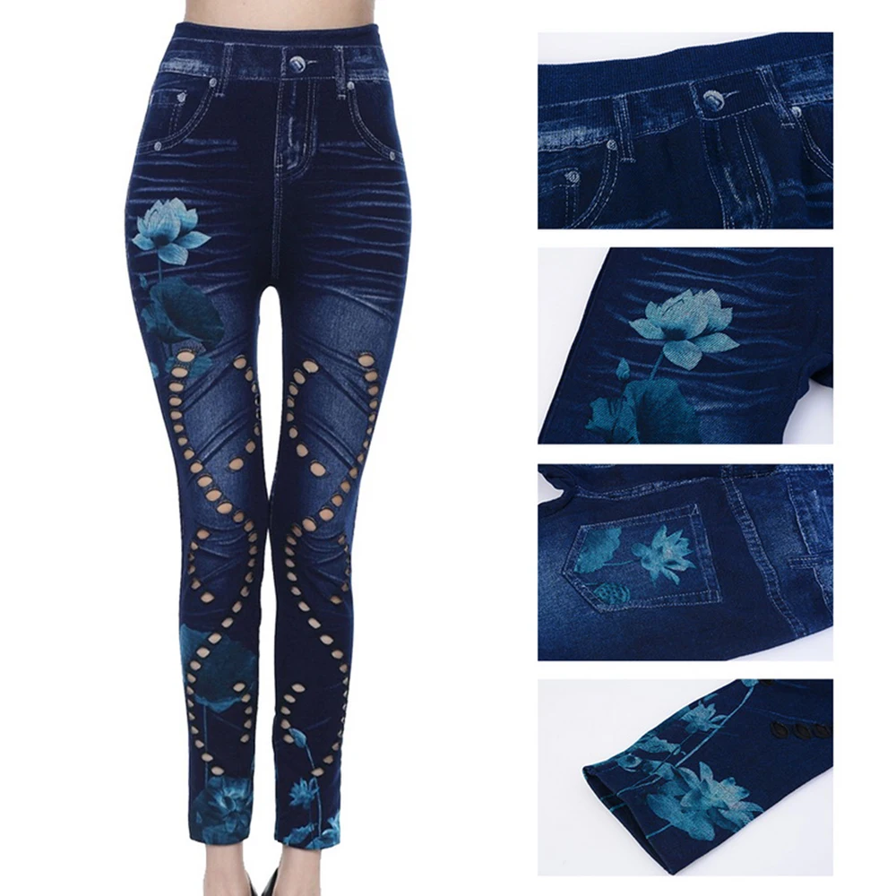 Женские синие джинсы с высокой талией в стиле ретро цветочным принтом узкие