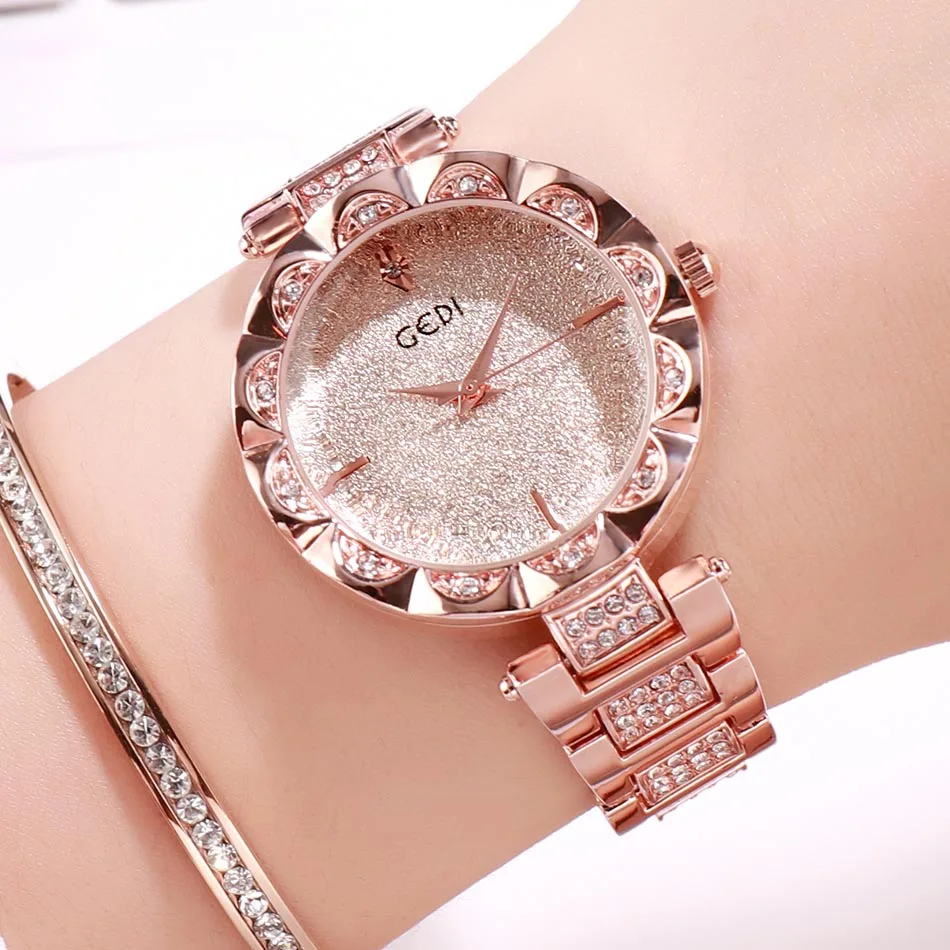 Rosegold GEDI брендовые роскошные женские часы из розового золота, женские модные часы с кристаллами, полностью стальные женские часы, relogio feminino horloge dames - Цвет: Rosegold