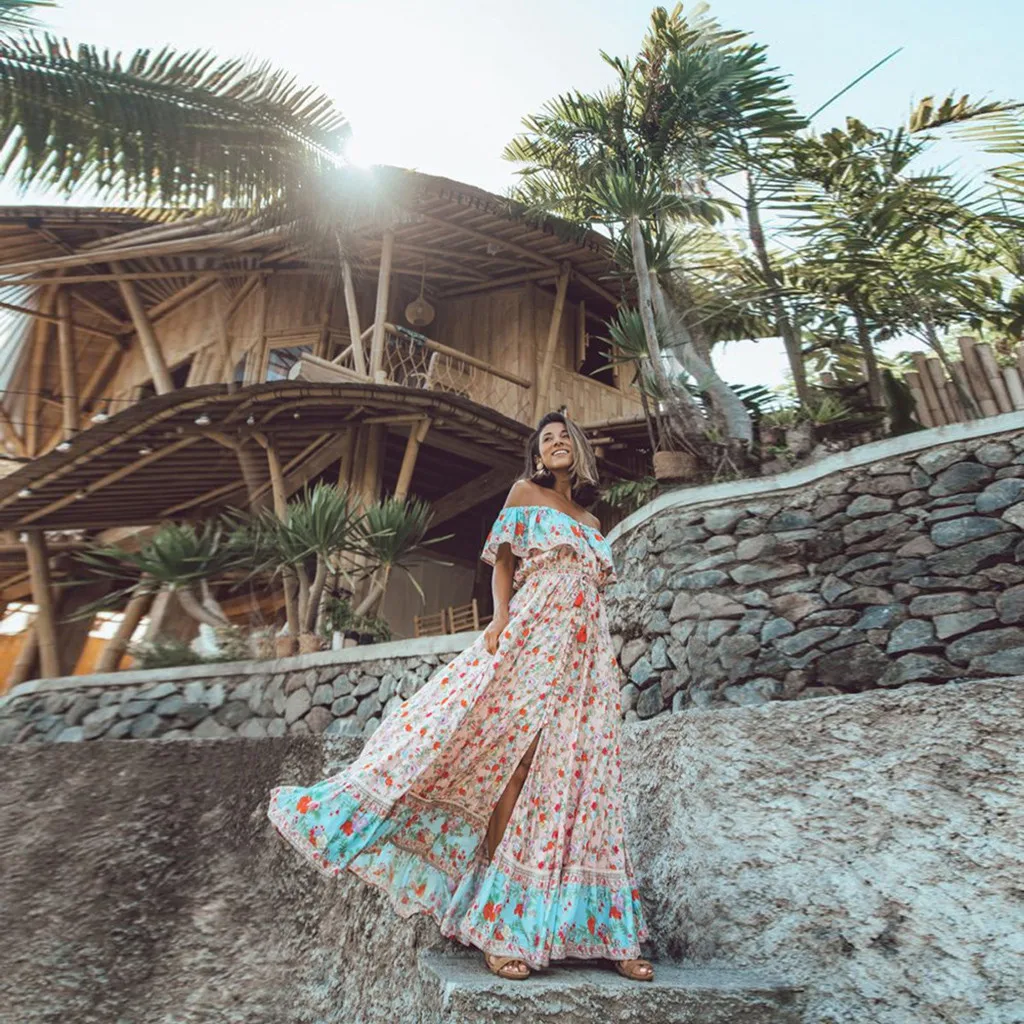 Женское шифоновое платье с открытыми плечами Летнее Длинное пляжное розового