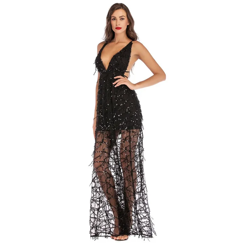 Женское Коктейльное Платье макси с v-образным вырезом блестками открытой спиной