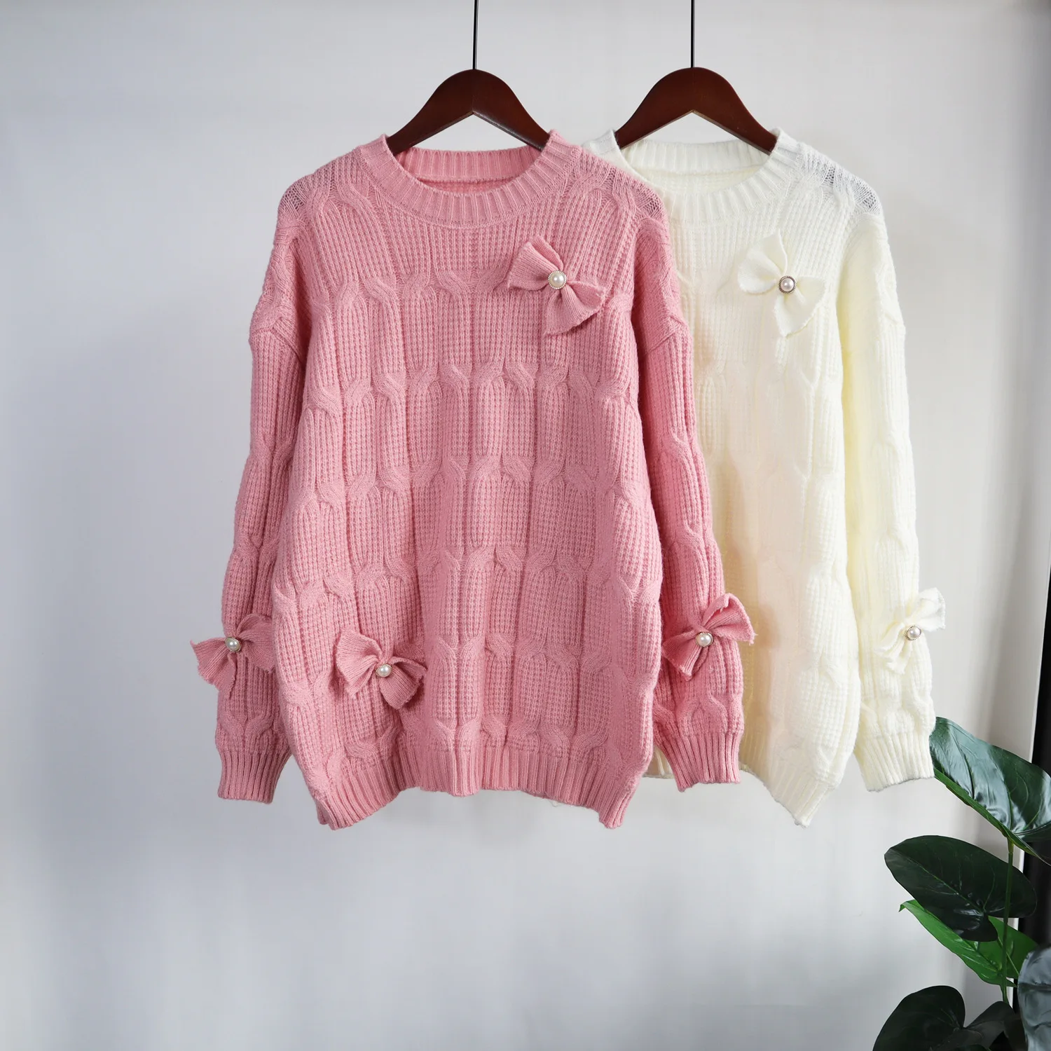 

DAYIFUN Women's Sweater Solid Color Twist O Neck Pullover Beading Bows Elegant Loose Knitting Sweet Harajuku Knitwear Clothing