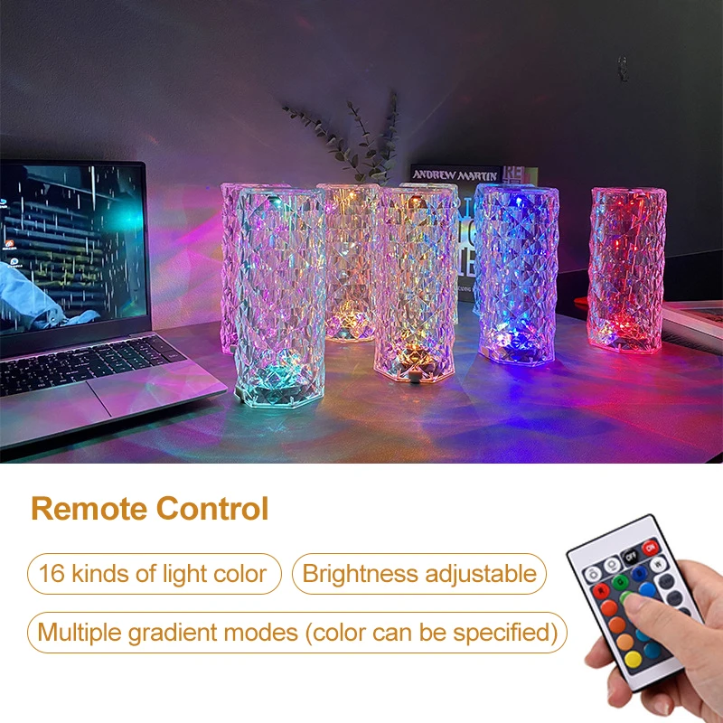 Crystal Table Lamp Rose Light Projector 16 Colors Adjustable Romantic Diamond Atmosphere USB Bedroom Touch Night C | Дом и сад