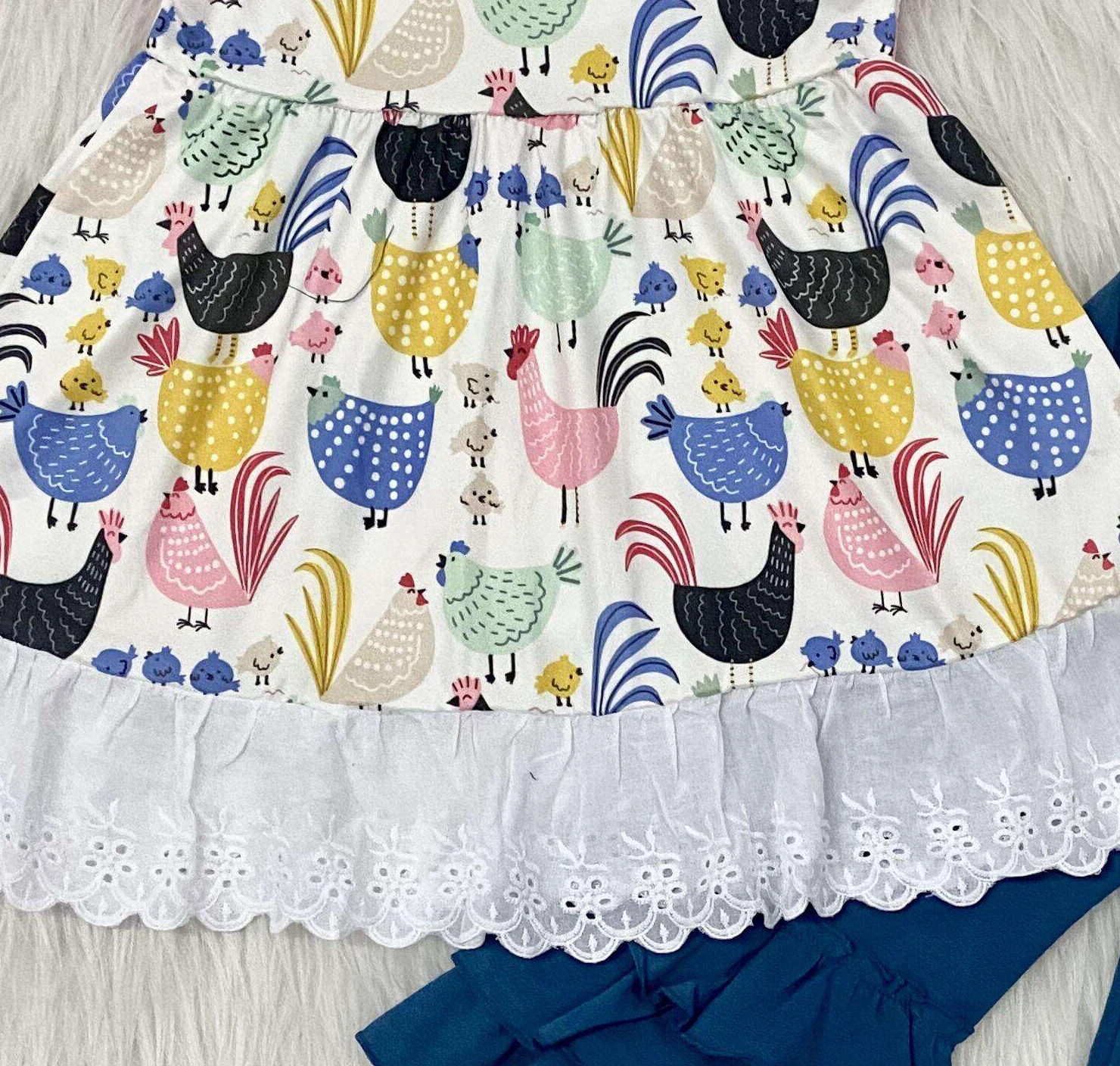 Hot summer lace rooster and hen farm style little girl top + three layer lotus leaf edge dark blue cotton pants boutique set | Мать и