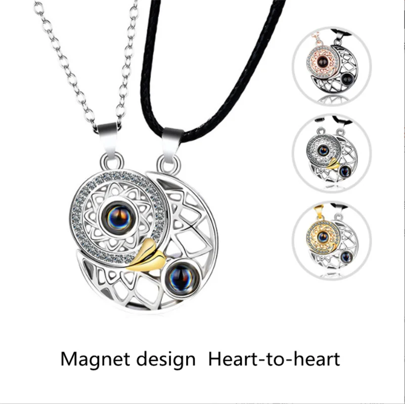 

Couple Magnet Necklace 100 Languages Moon Star Lifetime Guardian Projection One Hundred I Love You Sun Pendant