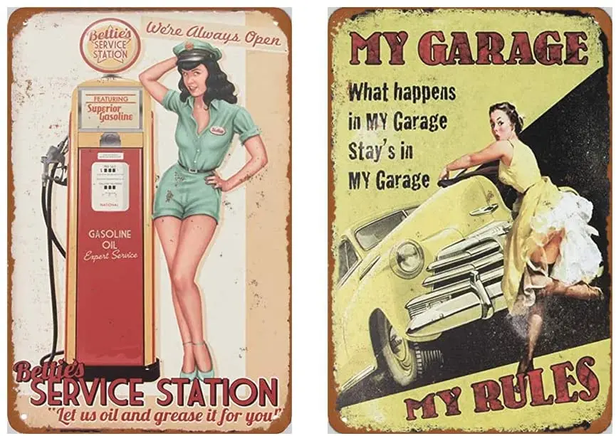 

Unoopler Metal Sign Set of 2 Tin Signs 12 x 16inches - My Garage My Rules Sexy Pinup Girl Vintage Look Wall Decoration Bar Cafe