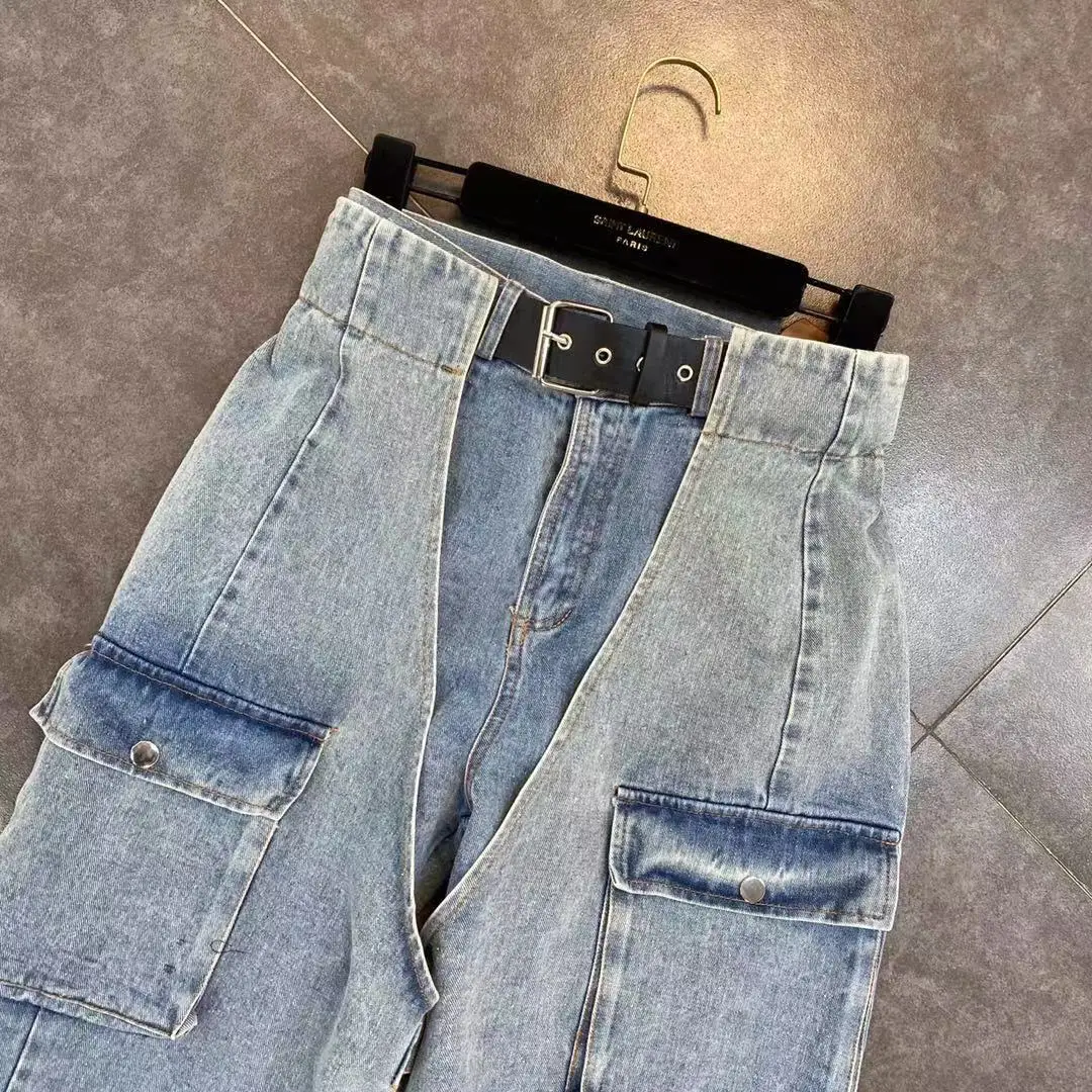 

ZCSMLL belt stitching big pocket women denim pants strap decoration fake two-piece female casual fashion jeans tide 2021 spring