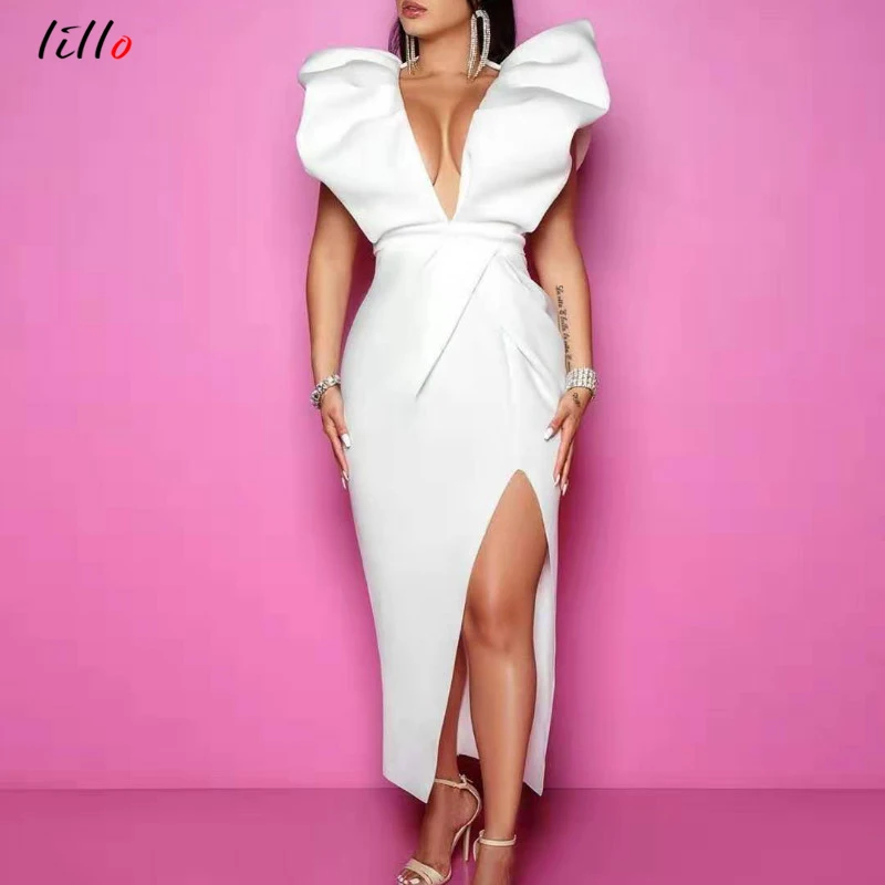 

Deep V-neck White Party Dresses Sexy High Waist Slit Bodycon Back Ruffles Event Occation women Celebrate Evening Bathrobes