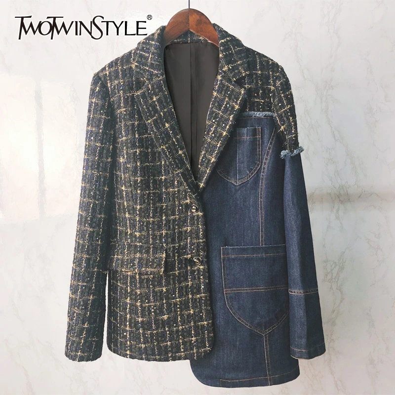 TWOTWINSTYLE, хит, цветной, клетчатый, Женский блейзер, зубчатый, длинный рукав, карман, пэтчворк, джинсовое пальто для женщин,, осенняя мода, новинка