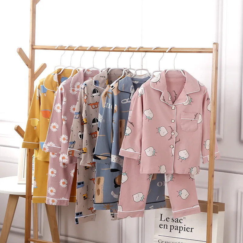 

Детские хлопковые топы с мультяшным принтом + штаны, осенне-зимняя одежда для сна с длинным рукавом и отложным воротником, ночная рубашка, пи...