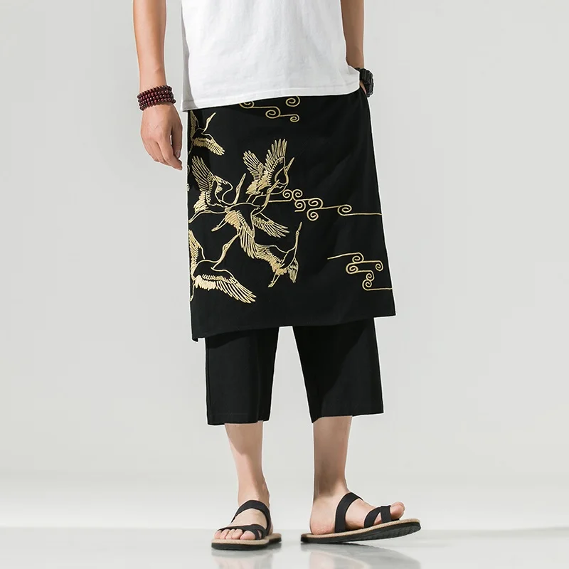 2020 мужские широкие брюки с вышивкой журавлей Ретро укороченные Мешковатые