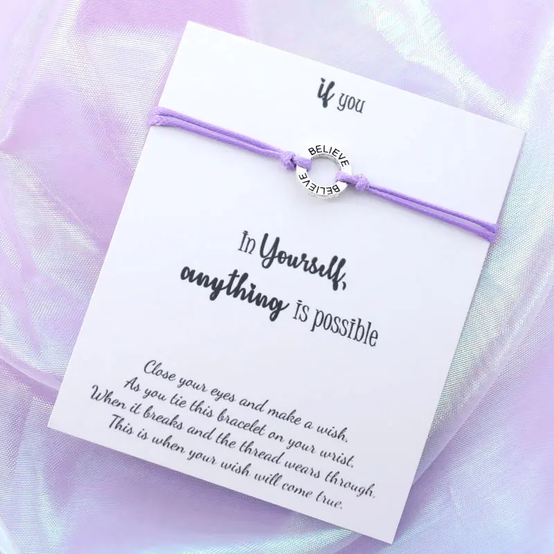 Purple Верьте в себя Wish Bracelet Believe String Bracelet Серебряный верующий Шарм для женщин и мужчин дружба вдохновляющий подарок - Окраска металла: Purple