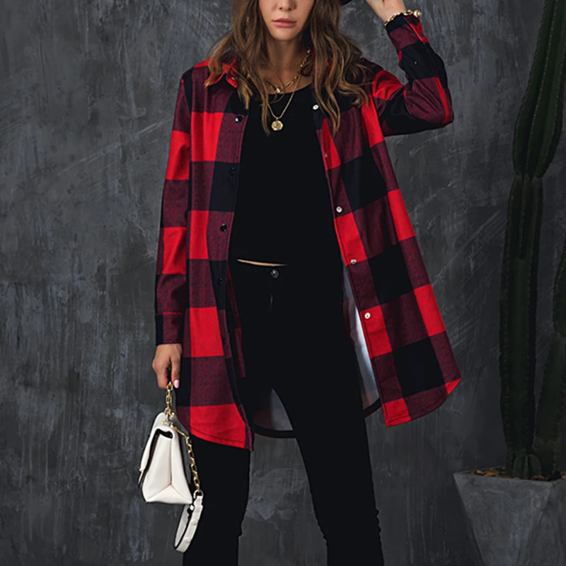 

Autumn Plaid Shirts Coats Casual Long Sleeve Polyester Streetwear Women Acetate Fashion Oversized Loose Lapel Collar Outerwear