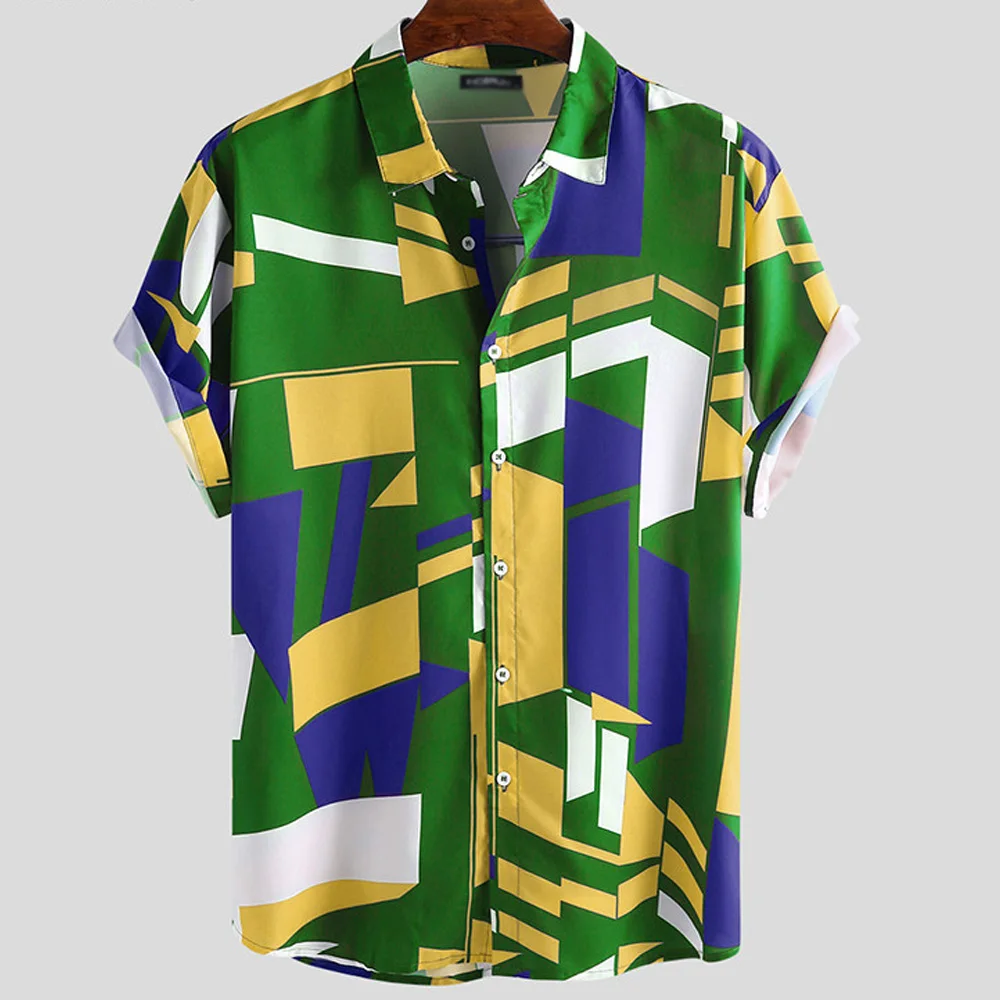 Mens Blouse Top Geometric Patterns Colorful Harajuku Preppy Young Boys Vintage Shirt Streewear Summer Hawaiian Shirts Clothes