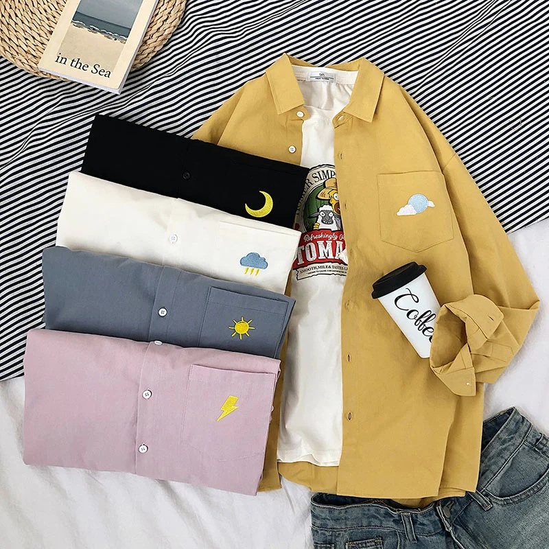 

2021 Autumn Fashion Women 100% Cotton Shirt Cute Preppy Style Casual Loose Shirts Embroidery Button Up Pocket Ladies Tops