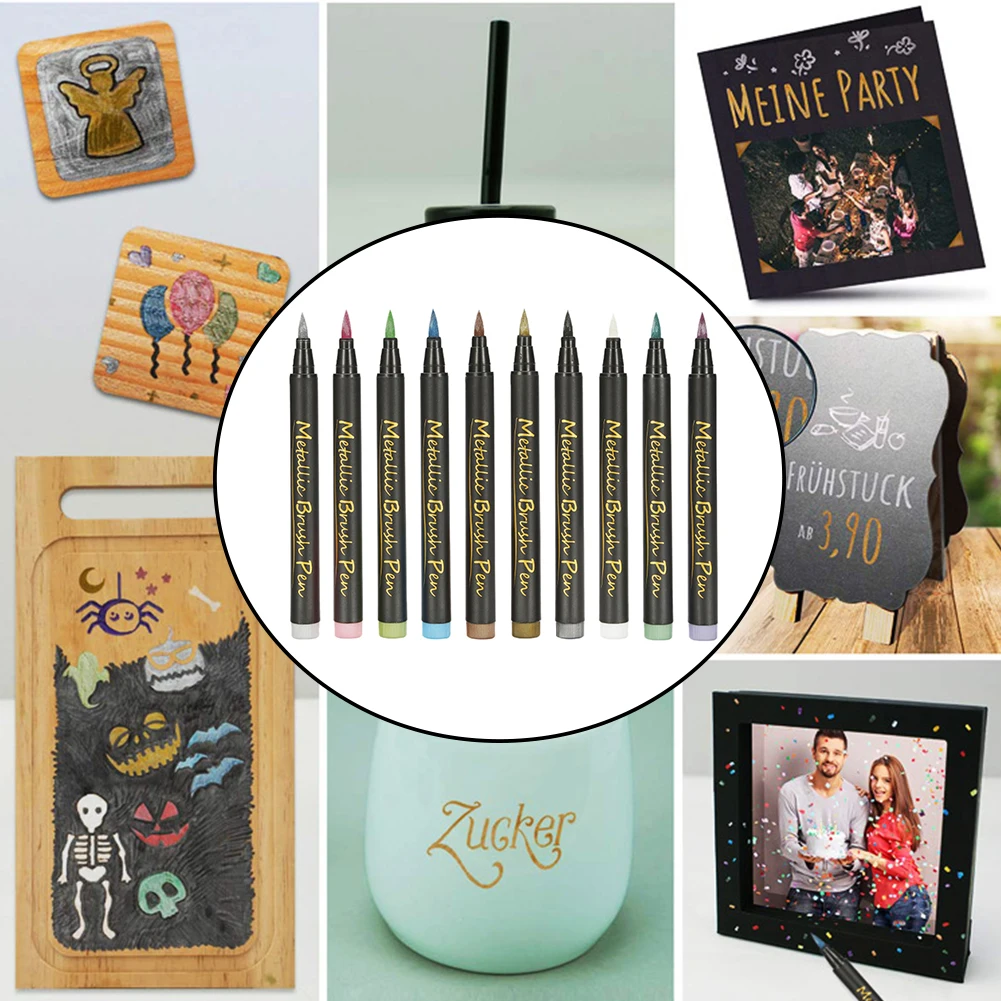 

10 Colors Paint Art Students Craftwork Card Making Scrapbooking Calligraphy Lettering Metallic Marker Pens Permanent Brush Tip