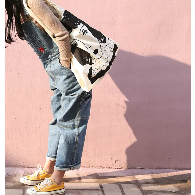 Canvas Thickening Literary Simple Large-capacity Girl Head Print Bag South Korea Large Capacity Three-grid Shoulder |