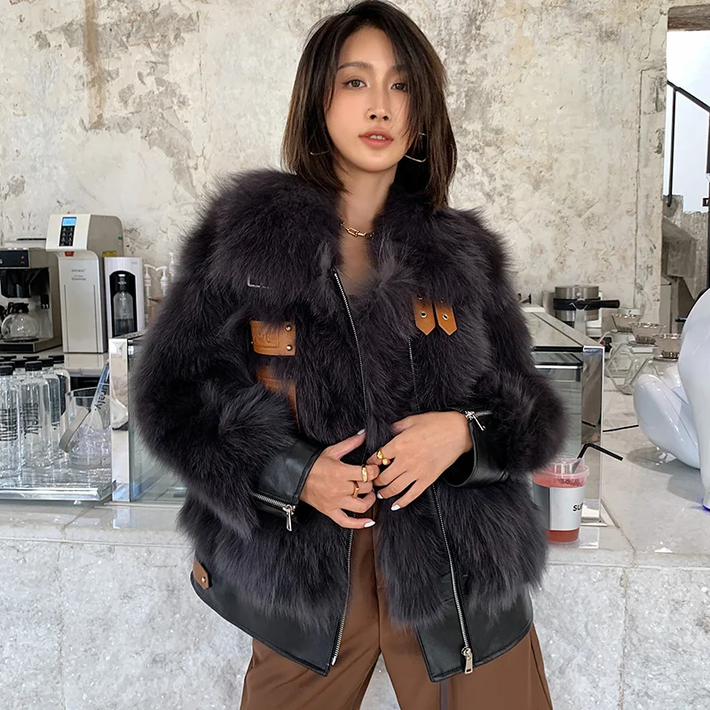

2020 fashion women Leather Patchwork Fox Fur Coat thickening warm jackets ladies coat women's jacket