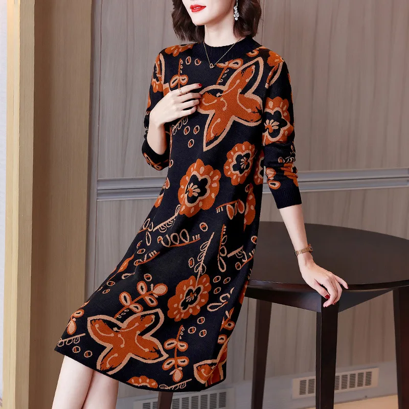 

Middle Aged And Elderly Mothers' New Autumn And Winter Knitted Dress Foreign Style Fashionable Large Women's Dress