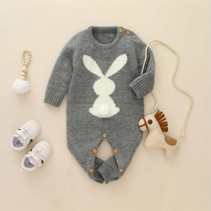 Knitted Baby Romper Girl Autumn Winter Newborn Baby Clothes Rabbit Animal Cotton Baby Boy Romper Infant Baby Jumpsuit For Boy - Color: Gray
