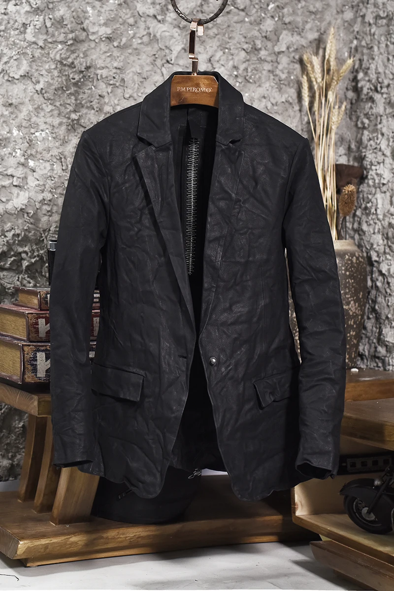 

Men's winkle cow blazer single button slim fit genuine suit men fashion design smart casual leather jacket male
