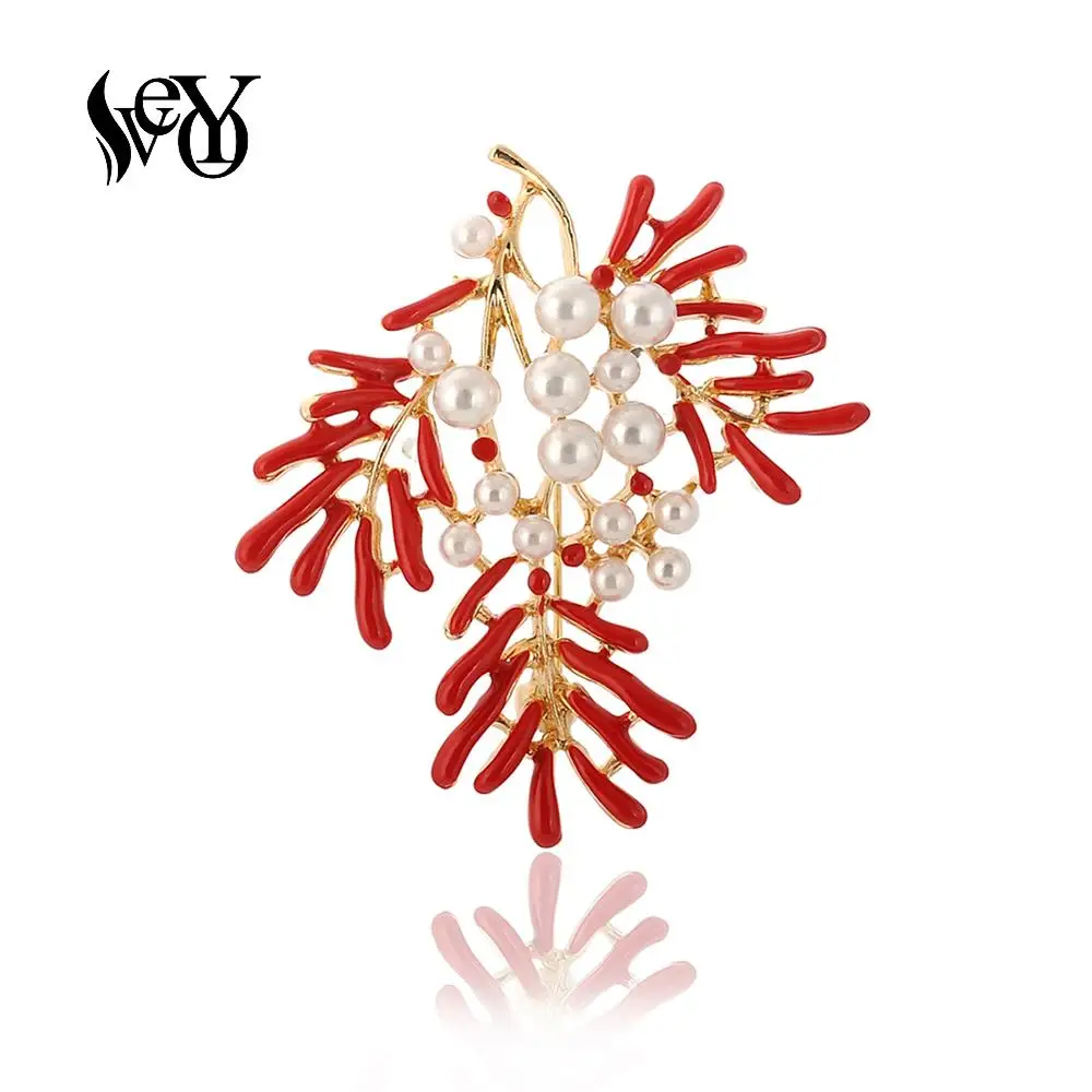 

VEYO Lovely Coral Enamel Red Color Pearl Brooches for Women Trendy Brooch Pin Fashion Jewelry New Gift