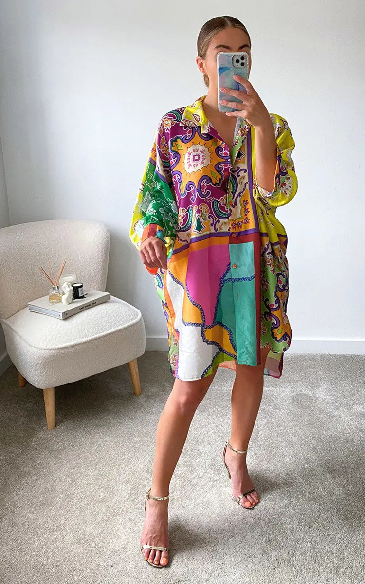 Женское платье-рубашка с принтом бандана Повседневная Блузка длинным рукавом и