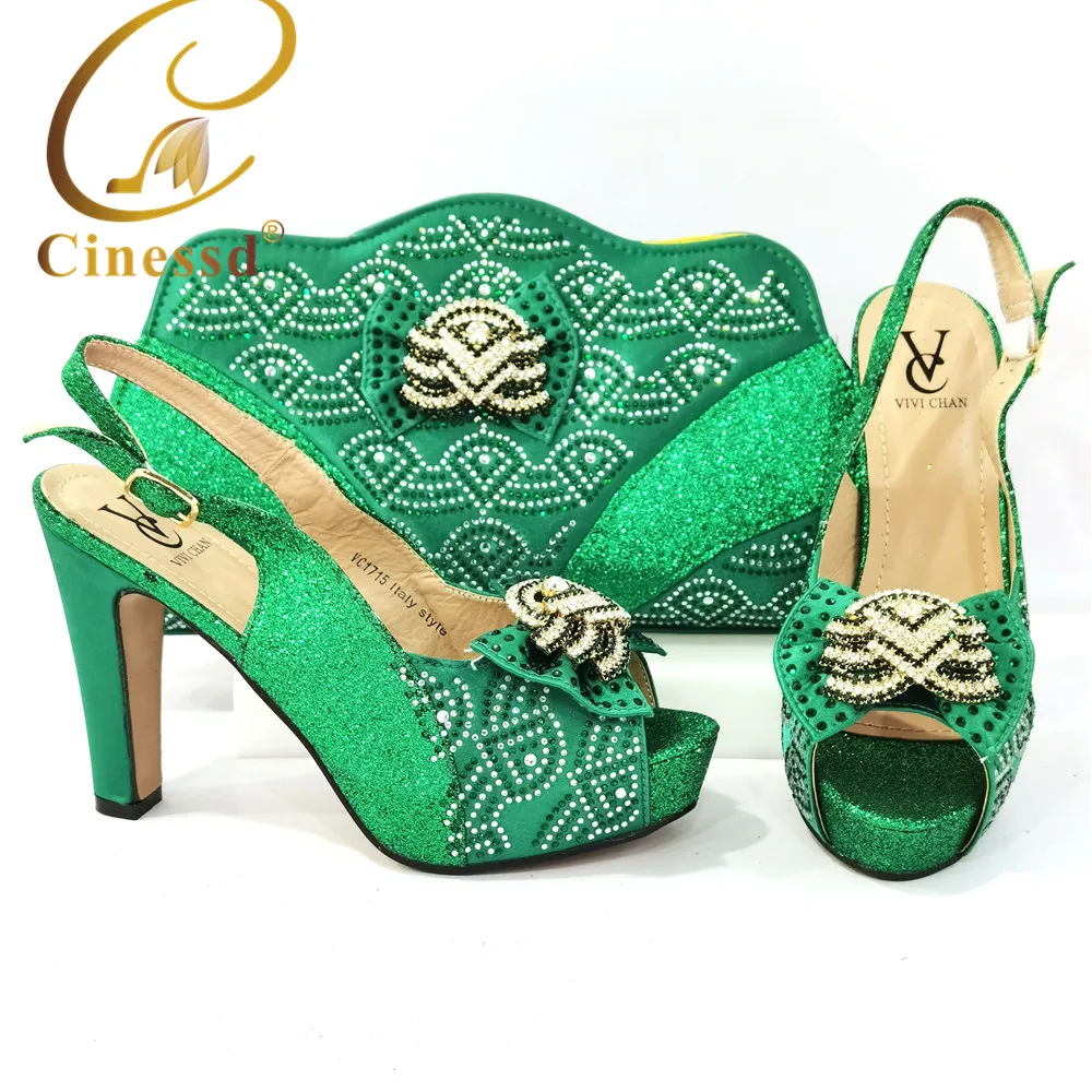 

2021 Summer New Coming Italian design Green Color Shoes And Bag To Match Set Nigerian High Heels Party with Mature style