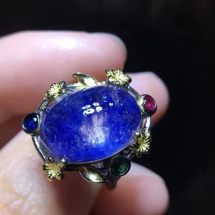 

Большое кольцо из натурального голубого думортиерита рутилированный кварц 14,8/10,6 мм Серебряное регулируемое прямоугольное кольцо с криста...