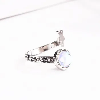 

The New Popular European and American Creative Five-pointed Star Moonstone Ring Retro Thai Silver Black Ring R1170