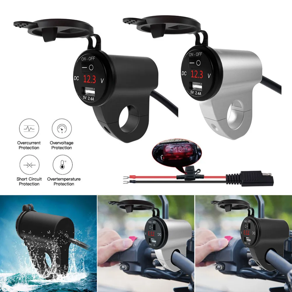 

Водонепроницаемое зарядное устройство для мотоцикла из алюминиевого сплава с цифровым дисплеем и выключателем питания