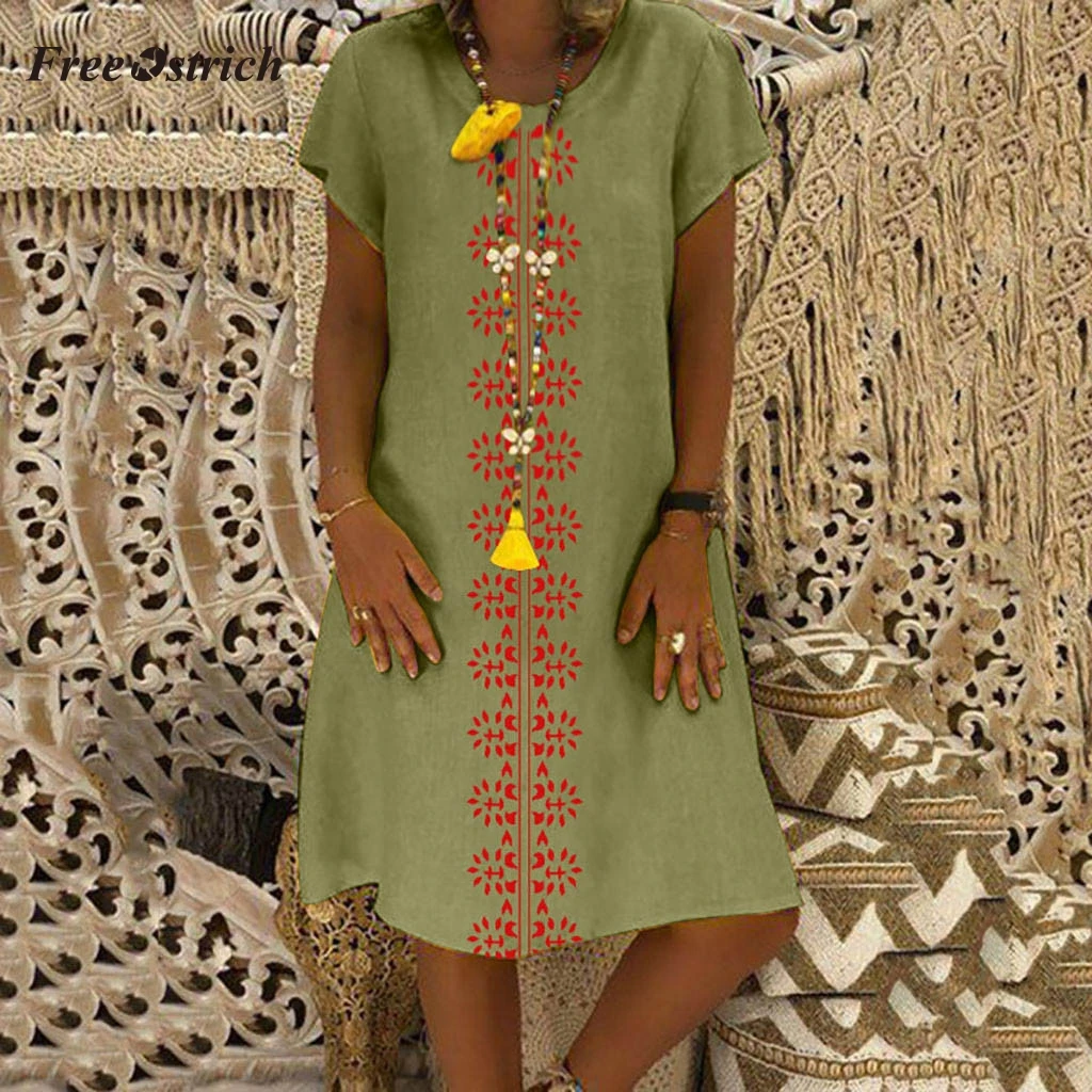 Free Ostrich Plus size dress Women O-Neck Printed Cotton And Linen Casual 5XL summer vestido femme 621 | Женская одежда