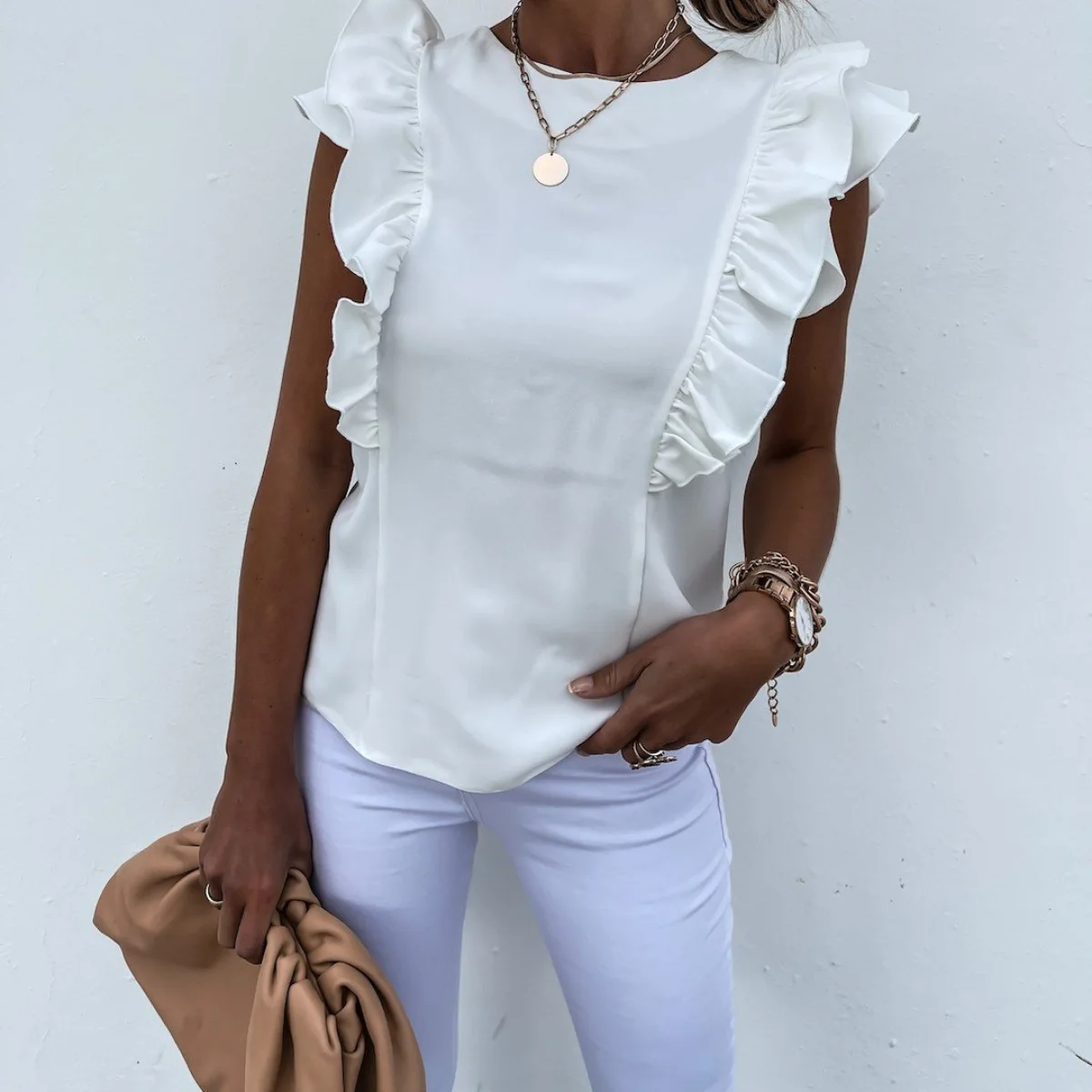 

2021 New Asia Europe cross border round neck sleeveless solid color vest T-shirt women's foreign trade top