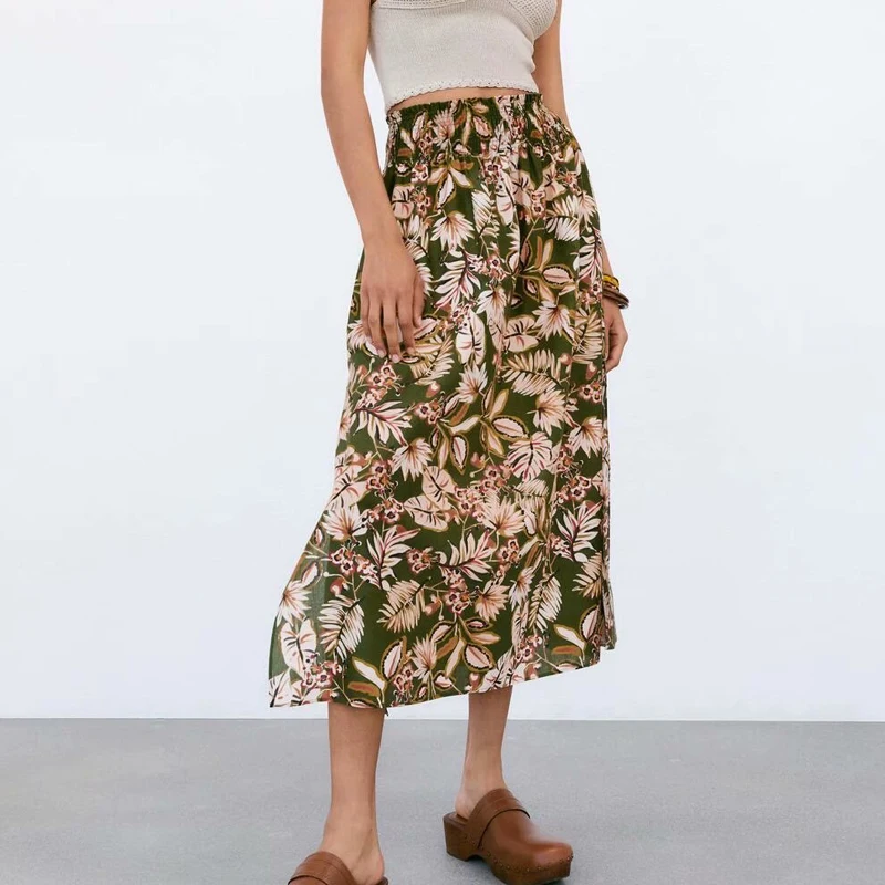 

Women Summer Sweet Vintage ZA Skirts 2021 Print Elastic waist Female Casual Street Elegant A-Line Mid-Calf Skirt Clothing