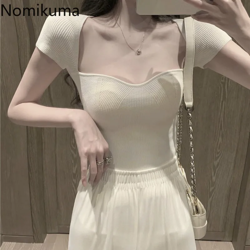 Женская футболка с коротким рукавом Nomikuma однотонная облегающая квадратным