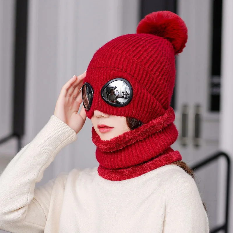 RUHAO зимняя вязаная шапка теплая шапочки Skullies Лыжная Шапка со Съемные очки для женщин и мужчин Кепка для занятий спортом на открытом воздухе - Цвет: Red