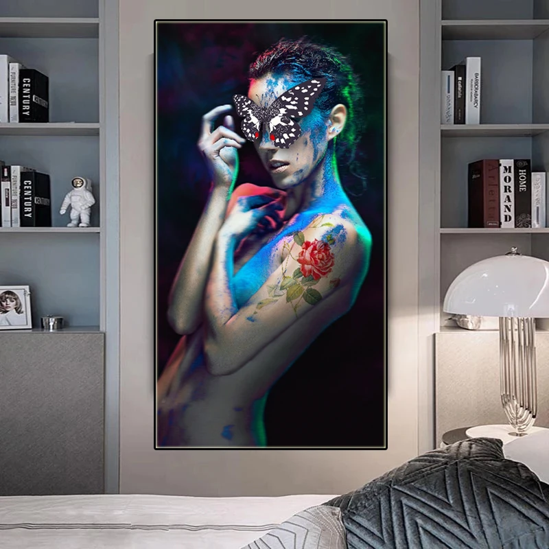 

Sexy Tattoos Female Nude Painting Abstract Beautiful Butterfly &Rose Flower Posters Prints Wall Art Picture Room Home Decor