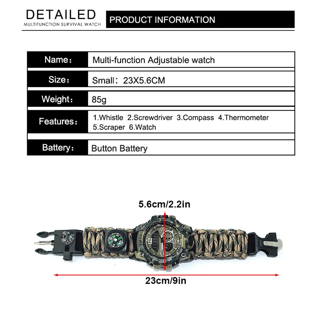 Kopen 7 In 1 Outdoor Survival Horloge Tactische Paracord Armband Horloge Met Kompas Schraper Thermometer Paracord Fluitje Camping Gereedschap