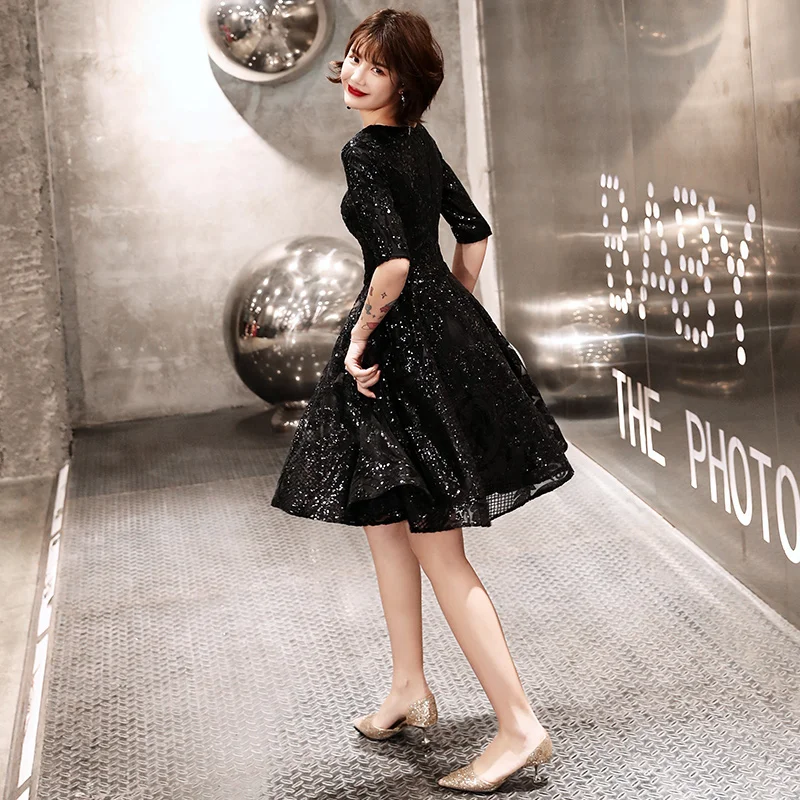 

Sparkly Sequin Black Short Prom Dresses 2020 Elegant V-neck With Half Sleeves Homecoming Dresses Women Semi Formal Gown
