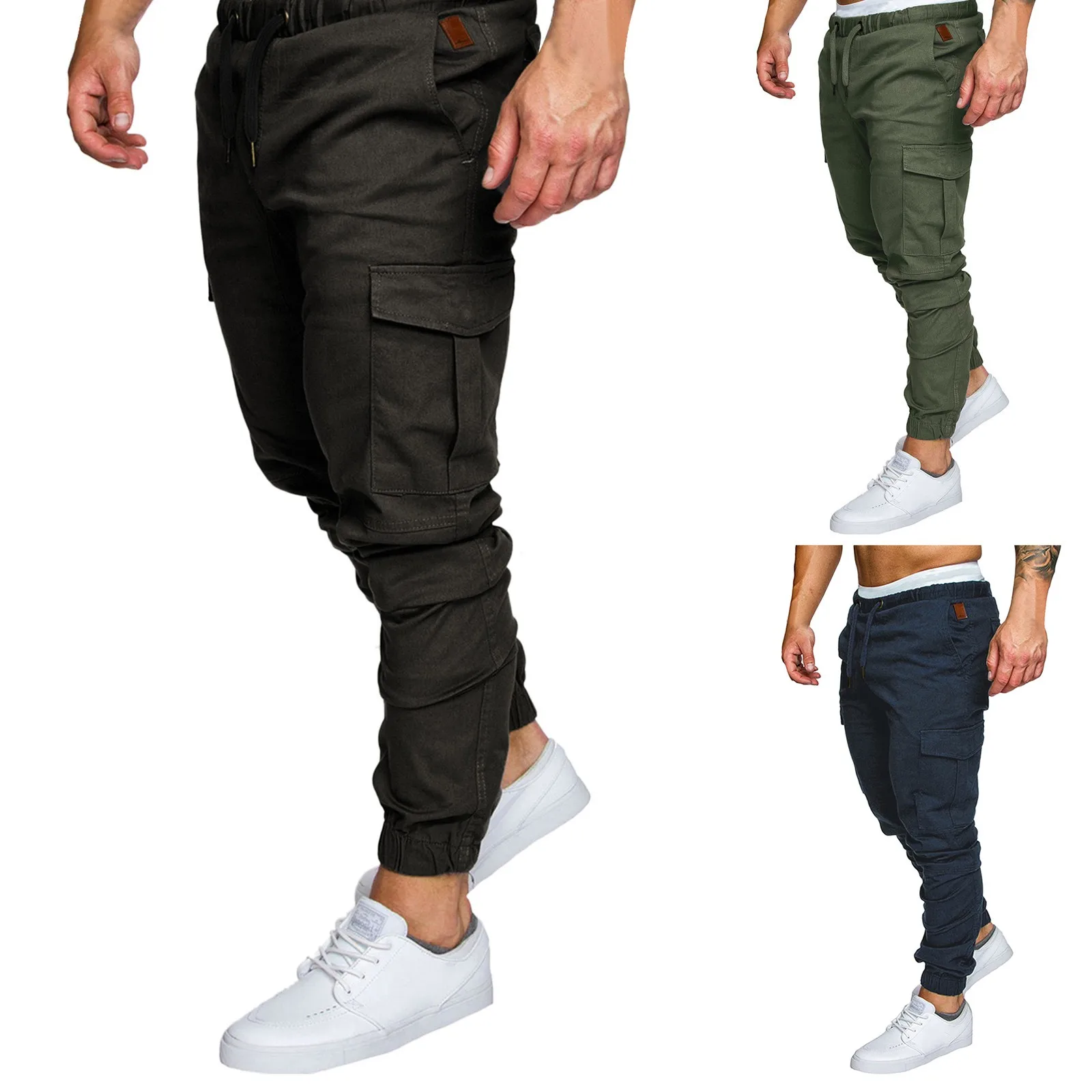 

Men Clothing Slim Fit 3xl Sweatpants Men's Solid Color Tooling Multi-pocket Casual Pants Leggings Trousers Male Cargo Pants