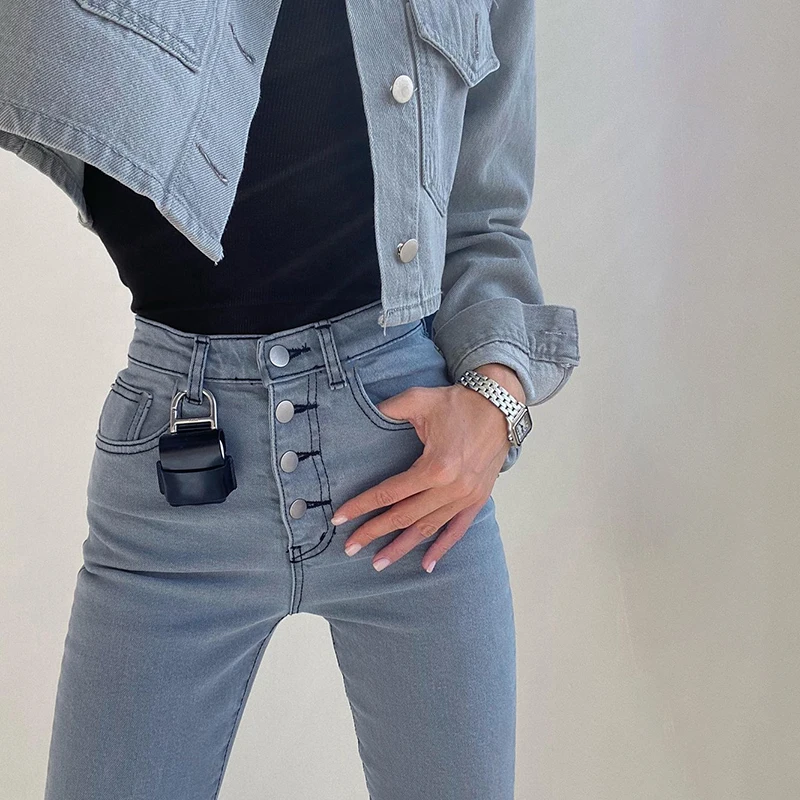 

WanntThis Streetwear Jeans Casual Pant Women Pencil Pant Dark Gray Slim High Waist Button Sexy Skinny Denim Trousers 2020 Autumn
