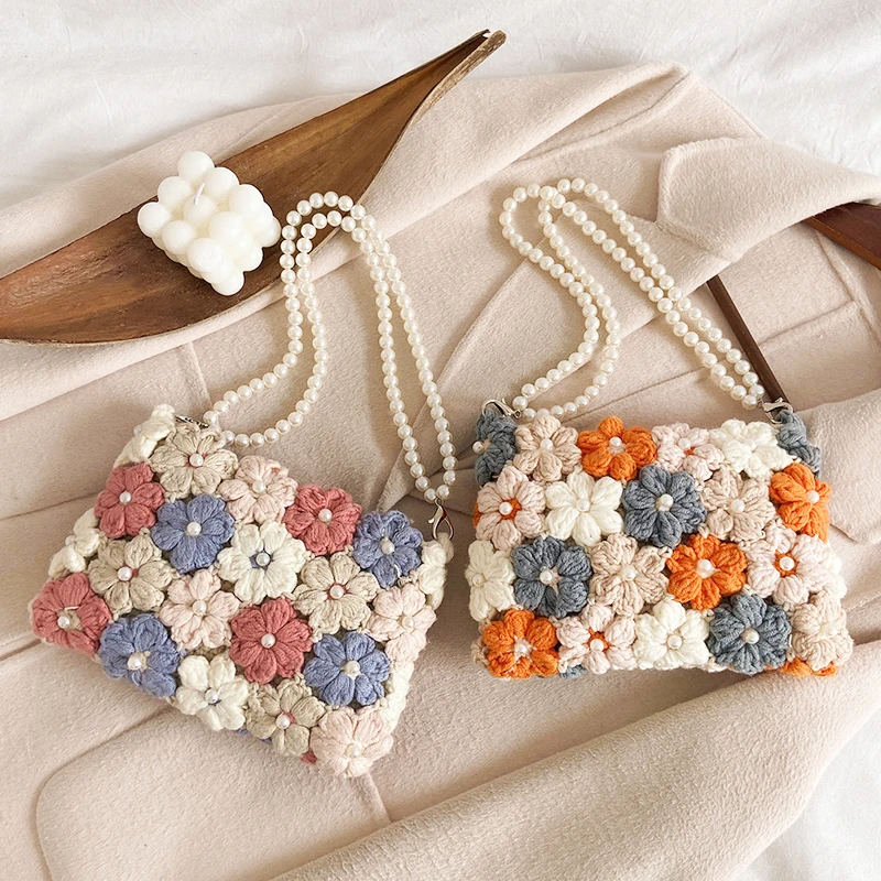 

Hand Woven Bag Milk Cotton Pearl Flower Hook Knitting DIY Material Package Self Made Wool Hand Woven One Shoulder Handbag