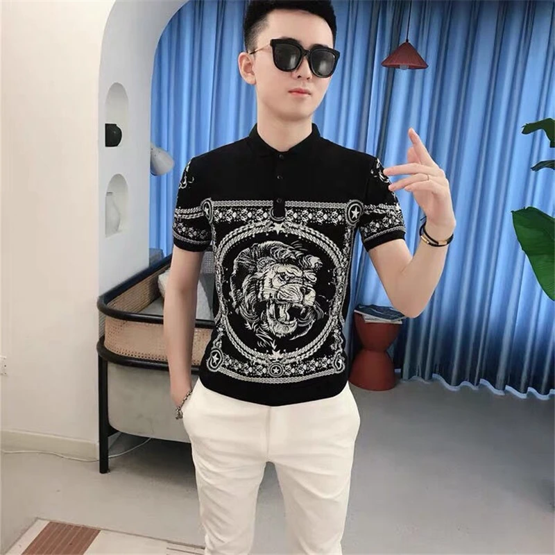 Тонкая Мужская Дизайнерская рубашка поло со львом с отворотом и принтом