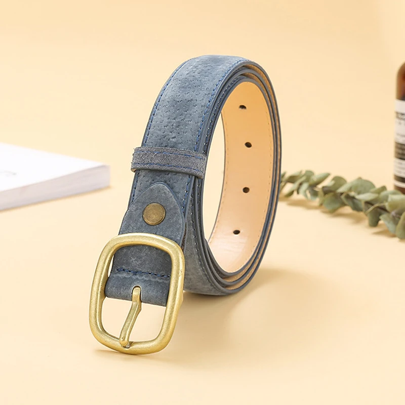 blue ELIsfashion ремень из натуральной свиной кожи роскошный ремень для платья и джинсов модные ремни для женщин Классическая матовая Золотая Пряжка 9 цветов - Цвет: blue