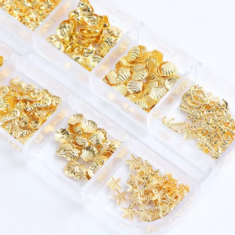 

Golden Alloy Nail Art 3D Decorations Metal Rivets Charms Studs Ocean Feather Star Starfish Seashell Manicure DIY Decals