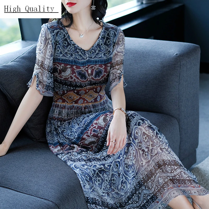 Летнее вечернее платье из натурального шелка длинное женское с принтом тонкие