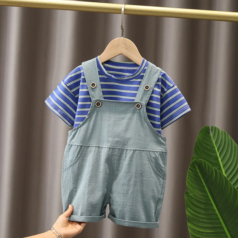 

New Summer Infant Kids Boy Casual Suit Baby O- Neck Striped T-shirt+Solid Color Suspenders 2-piece Toddler Girls Cotton Clothing