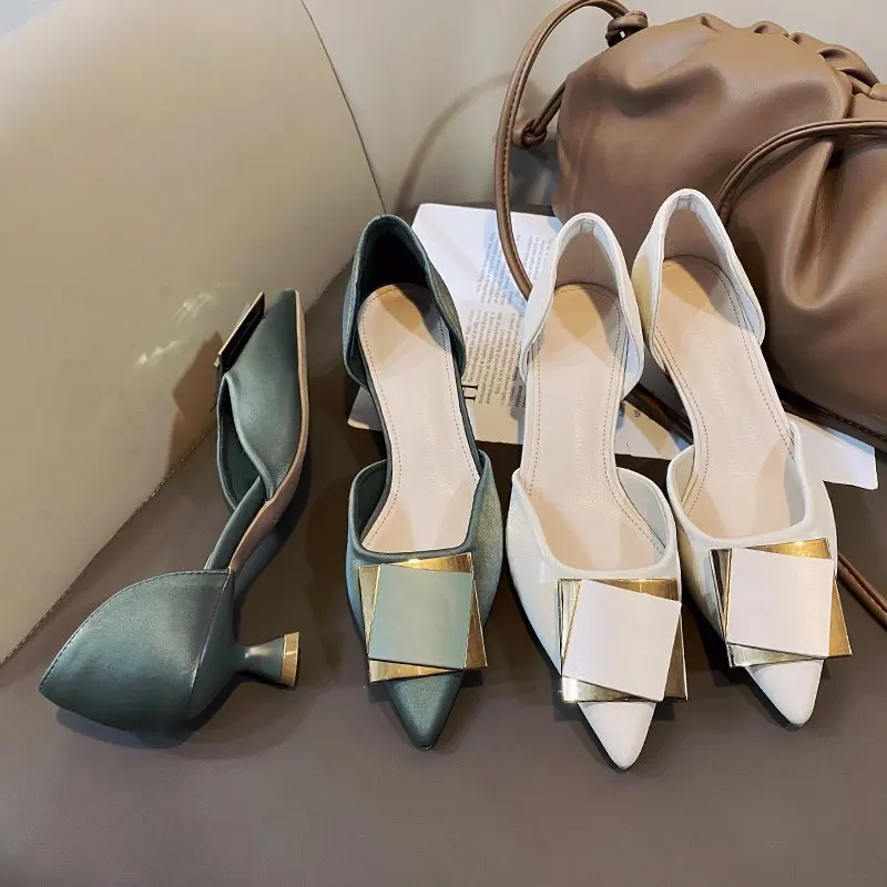 

XIXIYIPIN Fashion Mid Heels Pointed Toe Women Shoes Casual 2021 Summer Office High Heels Woman Pumps British Buckle Mules