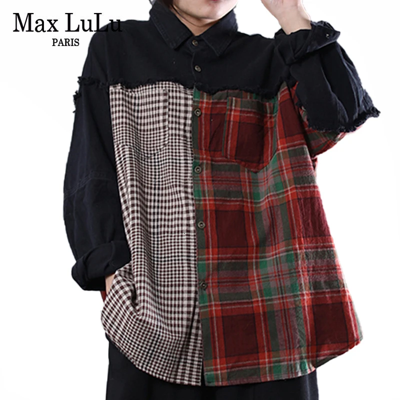 Женская джинсовая рубашка Max LuLu Повседневная Свободная винтажная Блузка в клетку