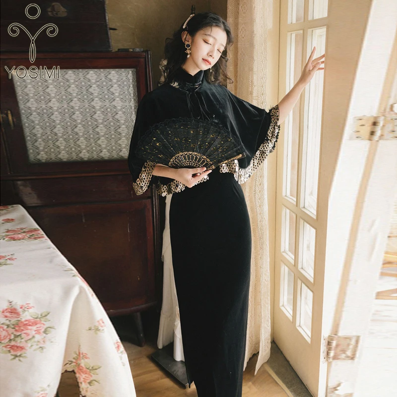 YOSIMI 2020 весеннее черное бархатное длинное женское платье с вышивкой элегантный
