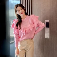 ruffled knitted sweater women 2021 autumn winter fashion vintage o neck long sleeve pullover female elegant chic knitwear